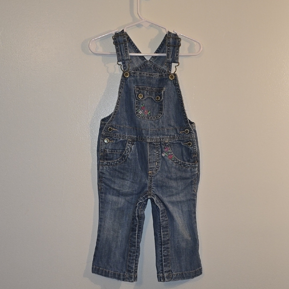 OshKosh B'gosh Blue Denim Overalls with Flower Embroidery LOT-S